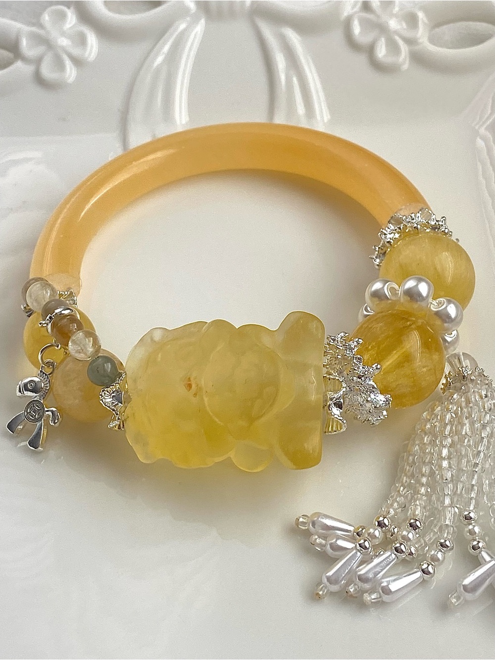 B193-Handmade Citrine Half Bangle And Yellow Fluorite Carved Lion With Tassel